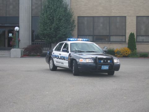 1991 Ford LTD Crown Victoria - black-and-silver Ford police cruiser marked POLICE NEWTON with roof light bar parked on pavement before a brick building.