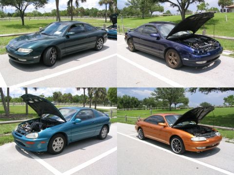 1997 Ford Probe - A collage of four Mazda MX-3s, each with its hood open, displayed in a parking lot setting.