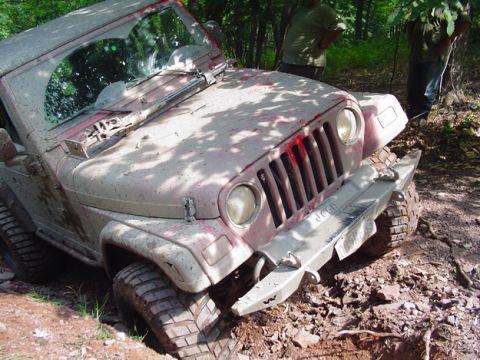 1979 Ford Bronco - A Jeep Wrangler is stuck in the mud, with two people standing in the background.