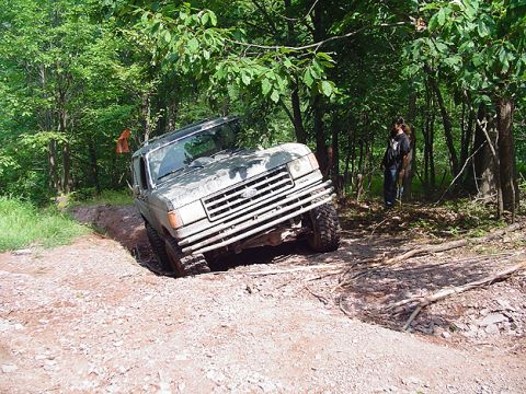 1979 Ford Bronco - An off-road vehicle tackles a challenging dirt track surrounded by trees, with a person observing in the background.