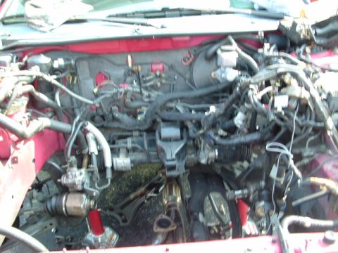 1996 Ford Probe - Close-up view of a car's engine bay, showing intricate wiring and plumbing systems.