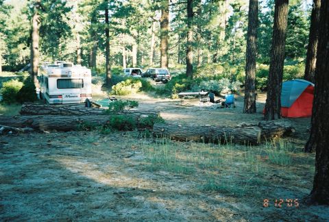 1990 Ford Bronco - pine-forest campsite features a white RV motorhome, parked trucks, fallen logs, and a small red tent, dated August 12, 2005.