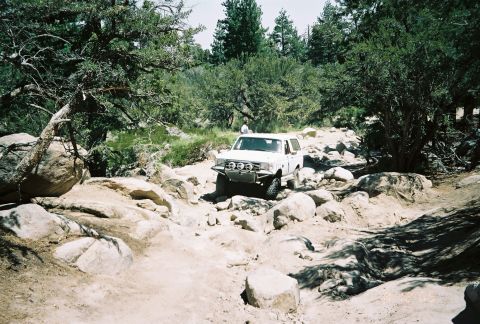 1990 Ford Bronco - white lifted SUV with a brush guard picks its way down a rocky wash framed by overhanging trees.