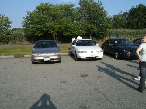 1998 Ford Taurus - Three Ford Taurus sedans are parked in a lot on a sunny day with trees in the background.