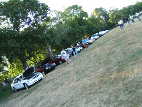 1998 Ford Taurus - A line of cars are parked on a grassy slope, with people milling around them.