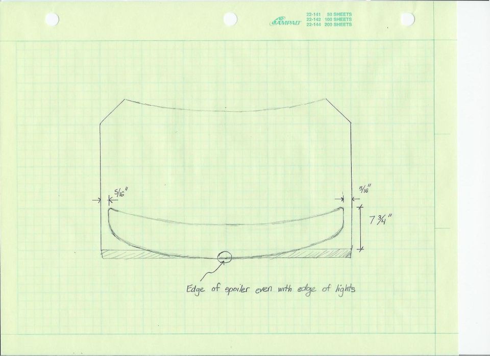 Hand-drawn dimensioned sketch of a spoiler on graph paper