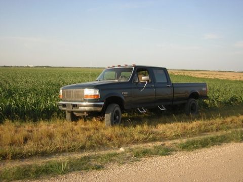 1996 Ford F-350 - 1996 Ford F-350 Super Duty crew cab pickup truck parked beside a field under a clear sky.