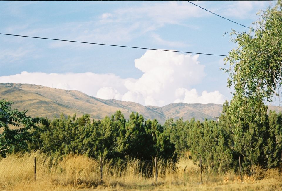 Tall white cumulus clouds rising over golden hills with pine trees and a wire fence in the foreground