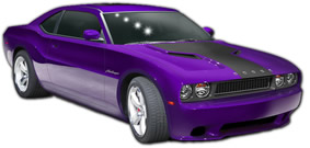 1995 Ford Bronco - Purple Dodge Challenger with black racing stripes on the hood and front grille.
