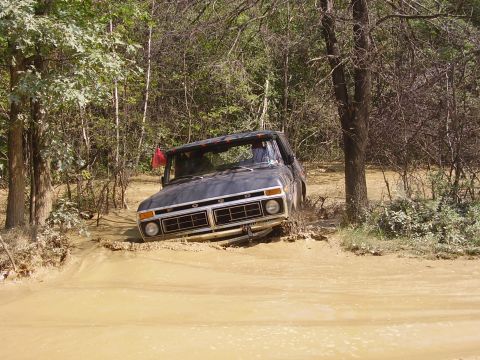 1995 Ford Bronco - A dark-colored Ford truck is stuck in thick mud, with trees and foliage surrounding the area.