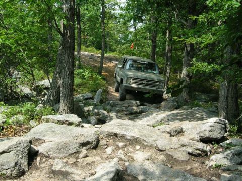 1995 Ford Bronco - A tan SUV navigates a challenging rocky trail surrounded by trees.