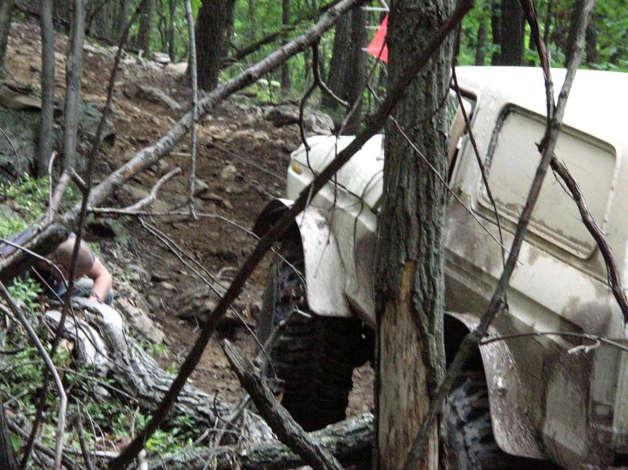 White 1995 Ford Bronco navigating a steep, wooded trail