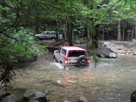 1995 Ford Bronco - A white SUV is parked on a dirt road surrounded by trees, with other vehicles partially visible in the background.