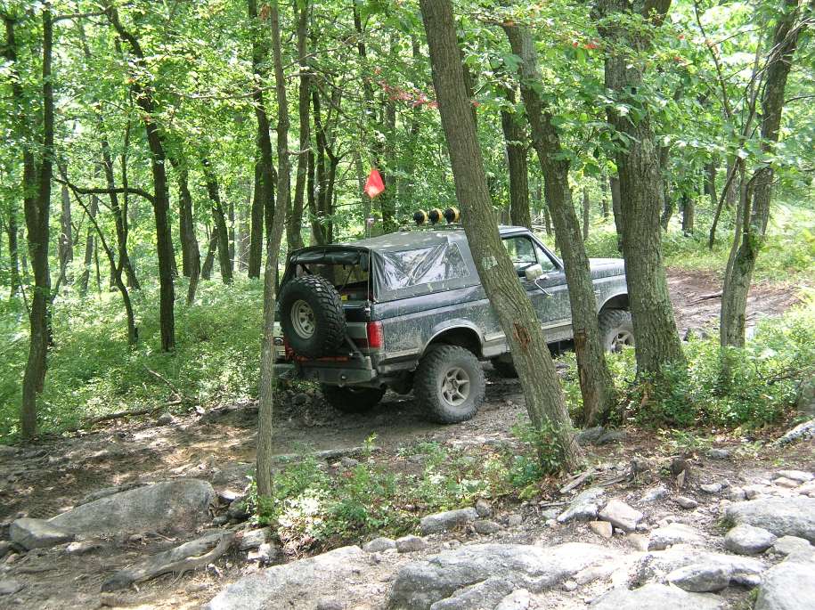 Gray Ford Bronco with rear cargo door open, parked on a dirt path in a wooded area