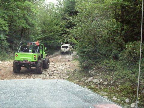 1995 Ford Bronco - Two off-road vehicles navigate a muddy, rocky trail surrounded by dense forest.