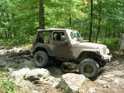 1995 Ford Bronco - Jeep Wrangler TJ off-roading on a challenging rocky path in a wooded area.