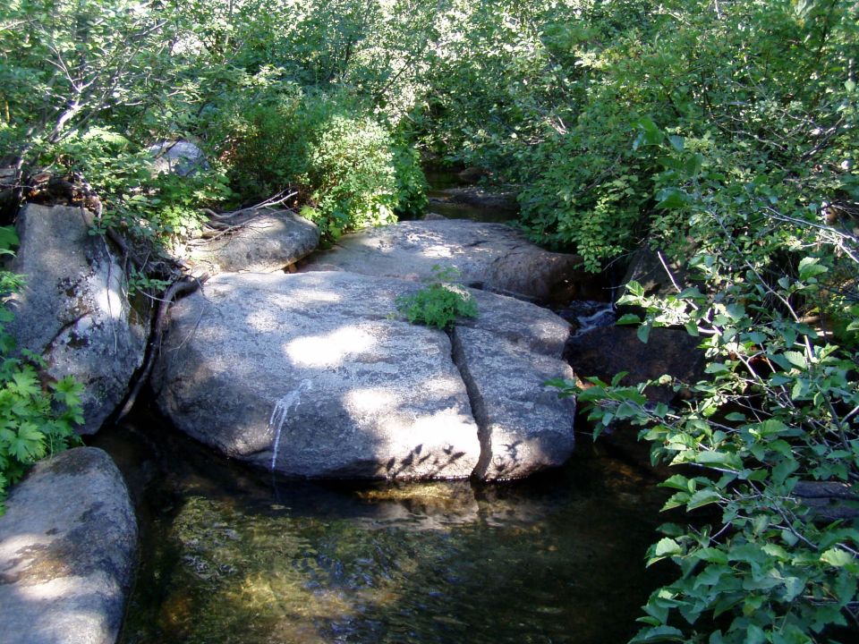Clear mountain creek pooling below split granite boulders in shaded green brush