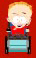 1968 Ford Mustang - A cartoon character is depicted in a wheelchair against a solid red backdrop.