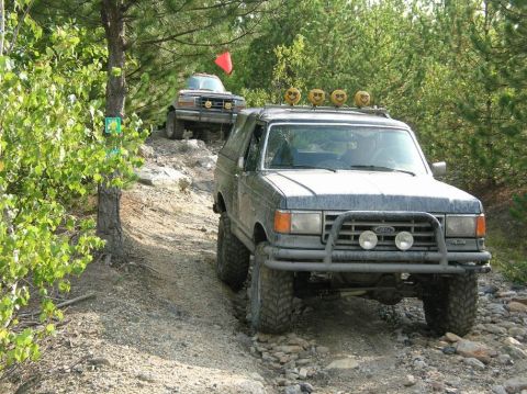 1995 Ford Bronco - Two Ford Broncos tackle a challenging off-road path with dense trees and rocky terrain.