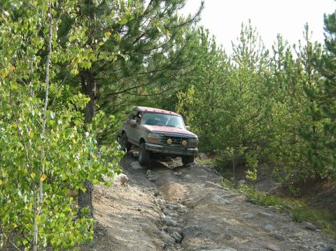 1995 Ford Bronco - A red Ford Bronco navigates a challenging off-road path through a forest.
