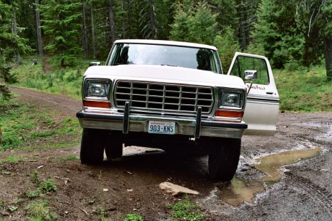 1979 Ford Bronco - This 1979 Ford Bronco is parked on a dirt road in a wooded area, with the driver's door ajar.
