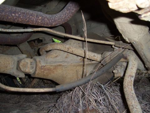 1983 Ford Bronco - Underbody view of a rusted front axle assembly showing the differential housing, driveshaft U-joint yoke at the pinion and a corroded radiu…