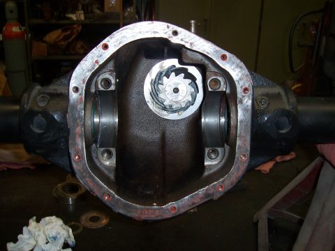 1983 Ford Bronco - Close-up view of an open differential housing, showing the ring gear and bearing supports.