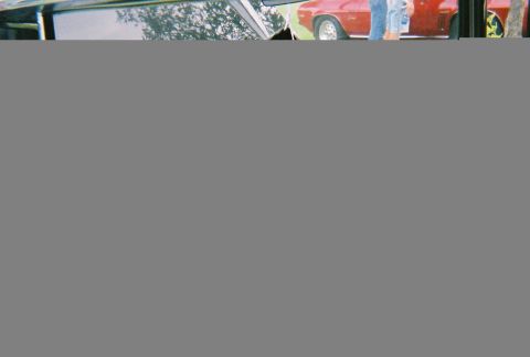 1996 Ford F-150 - A red coupe from the 1970s is parked next to another vehicle, partially obscured by trees.