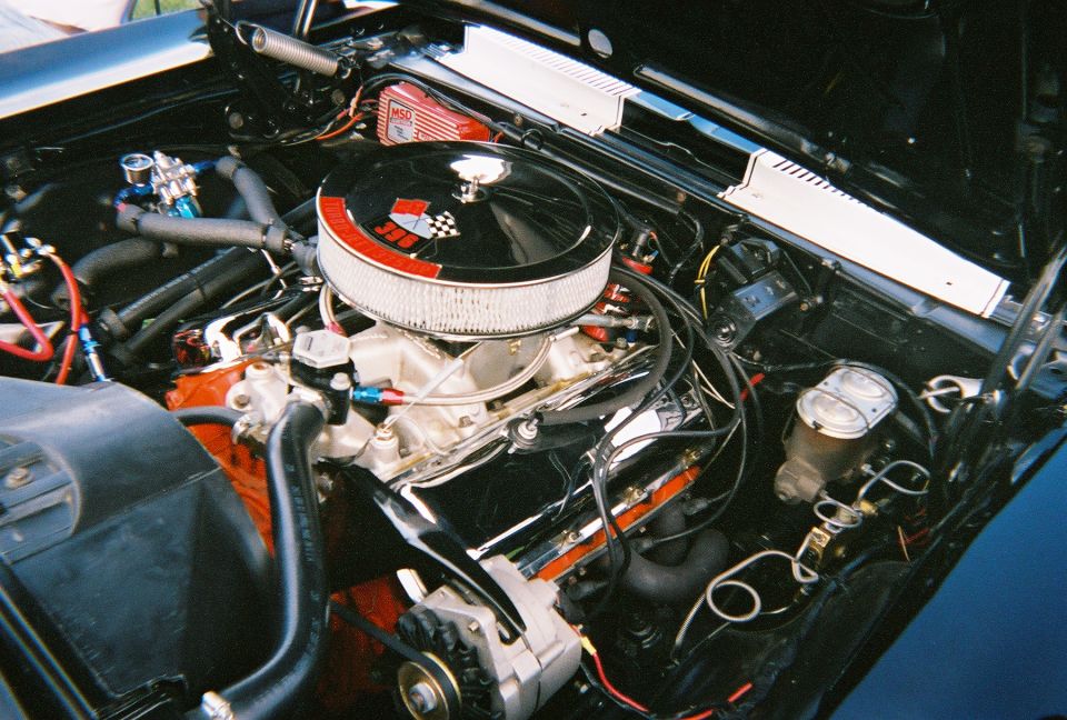 Engine bay with chrome air cleaner and "350" badge