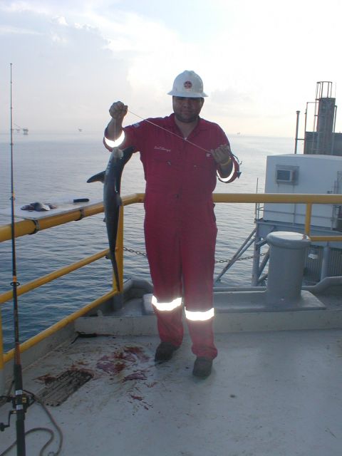 1981 Ford Bronco - Fisherman displays his catch on an offshore platform with industrial structures in the background.