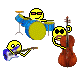 1968 Ford Mustang - A whimsical illustration depicts a band of smiley characters performing music with various instruments.