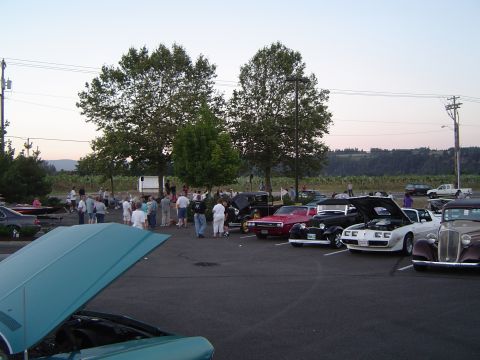 1964 Ford Fairlane - An outdoor gathering of people and various vehicles, with several cars on display.