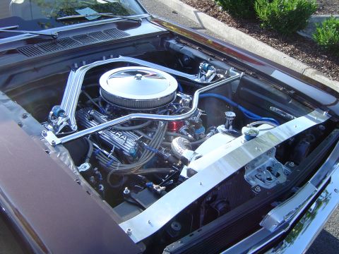 1964 Ford Fairlane - Engine bay of a dark purple car, a Cobra engine and chrome accents.
