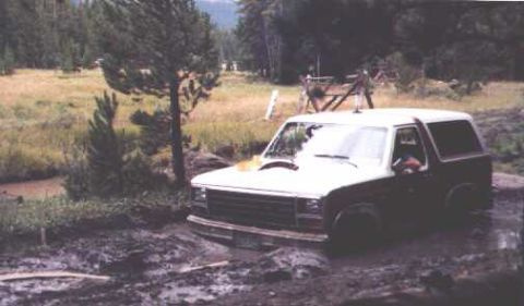 1981 Ford Bronco - This 1980s Ford Bronco is stuck in a muddy off-road trail.