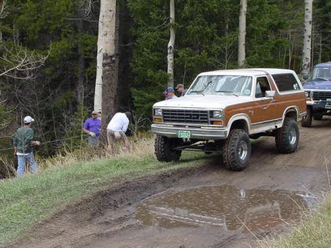 1981 Ford Bronco - A lifted Ford Bronco navigates a muddy off-road course with other vehicles and people nearby.