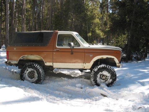 1981 Ford Bronco - This lifted 1981 Ford Bronco navigates a snowy, wooded terrain.