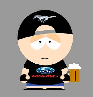 1988 Ford Bronco - A cartoon character is depicted wearing Ford Racing apparel and holding a mug of beer.
