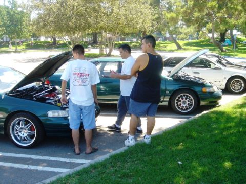1991 Ford Taurus - Three men examine the engine bay of a 1991 Ford Taurus at an outdoor gathering.