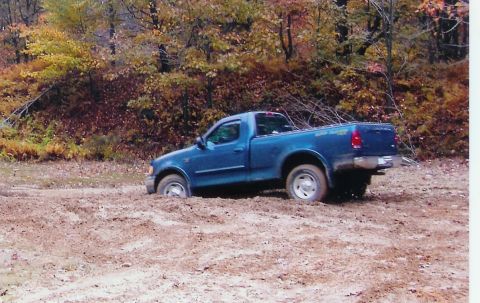 2001 Ford F-150 - A blue 2001 Ford F-150 is stuck in a muddy area with trees in the background.
