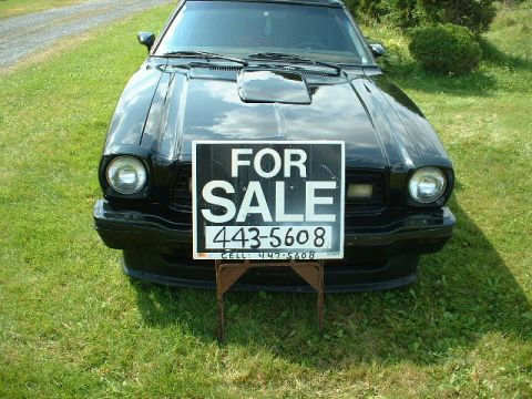 1978 Ford Mustang II - A black 1978 Ford Mustang II is parked on grass with a 'For Sale' sign placed in front of it.