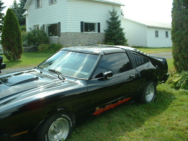 Black coupe with a hood scoop and louvers on the rear window. It has a flame decal on the side