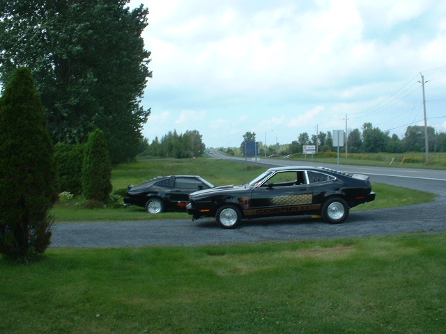 Two black 1978 Ford Mustang II cars parked on a grassy area next to a road