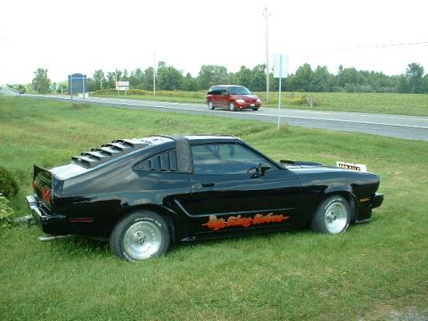 1978 Ford Mustang II - A black coupe with distinctive louvers and a prominent side decal is parked on a grassy area next to a road.