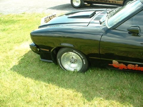 1978 Ford Mustang II - A black 1978 Ford Mustang II Cobra II is parked on grass, showing its hood scoop and side racing stripes.