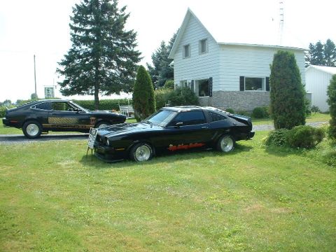 1978 Ford Mustang II - Two black 1978 Ford Mustang IIs are parked on a grassy area in front of a white house.