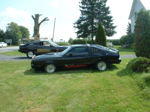 1978 Ford Mustang II - Two black Ford Mustang IIs are parked on a grassy lawn in front of a house and trees.