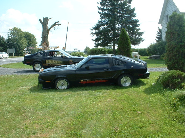 Two black Ford Mustang IIs parked on grass. One has 'King Cobra' text on its side