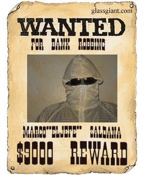 1986 Ford Bronco - Novelty 'WANTED: for bank robbing' mock poster showing a masked, hooded figure in sunglasses, labeled Marco 'El Jefe' Saldana with a $9000…
