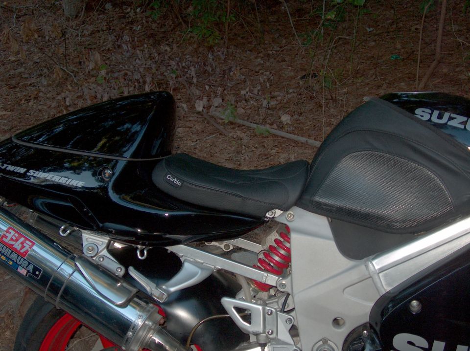 Black 2002 Suzuki TL1000R side view with Corbin seat and Yoshimura exhaust