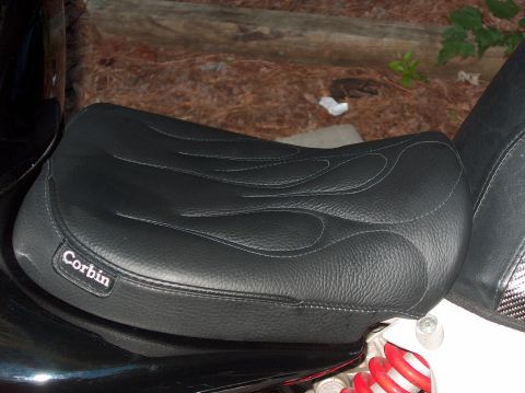 2002 Suzuki TL1000R - Close-up of a Corbin motorcycle seat with flame stitching, set against a natural background.
